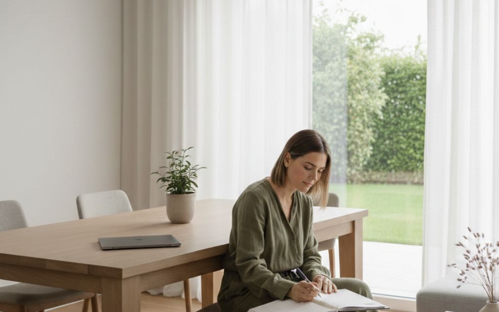 Mother planning weekly routine at home using a planner