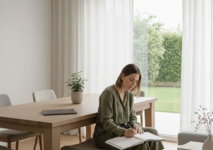 Mother planning weekly routine at home using a planner