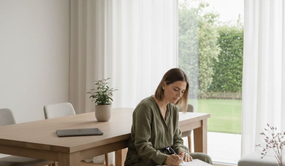 Mother planning weekly routine at home using a planner