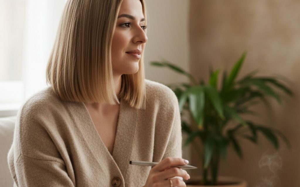 Mother reflecting quietly at home about motherhood and emotions