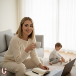 Mother balancing motherhood and personal life at home while spending time with her daughter