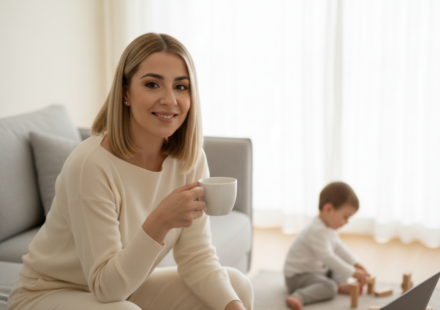 Mother balancing motherhood and personal life at home while spending time with her daughter