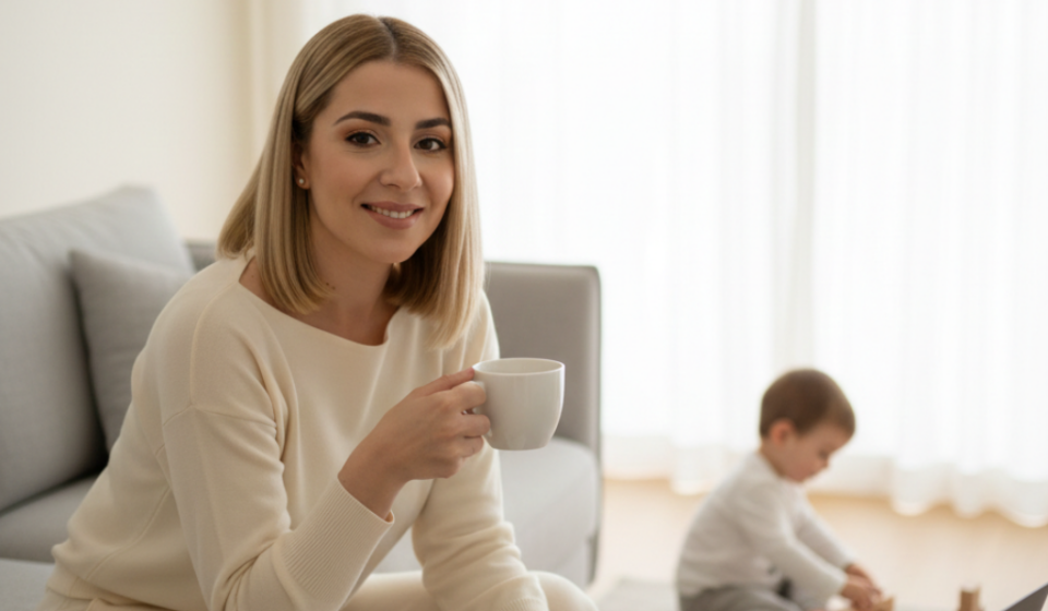 Mother balancing motherhood and personal life at home while spending time with her daughter