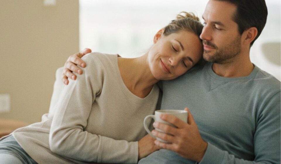 Couple reconnecting emotionally at home after having children