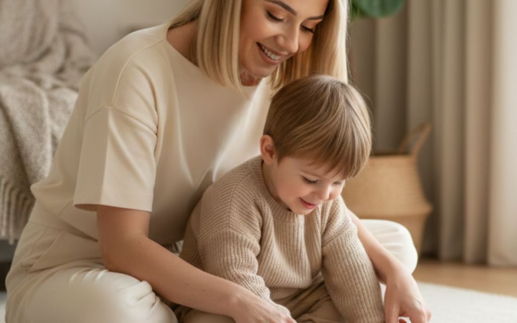 Mother and child enjoying simple screen-free activity at home