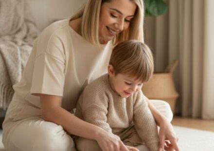 Mother and child enjoying simple screen-free activity at home