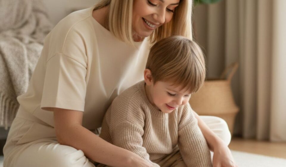 Mother and child enjoying simple screen-free activity at home