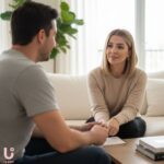 Mother having a calm conversation with her partner about shared responsibilities at home