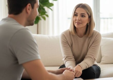 Mother having a calm conversation with her partner about shared responsibilities at home