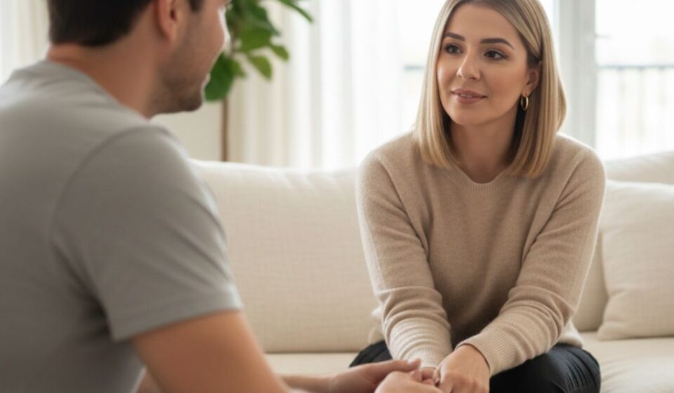 Mother having a calm conversation with her partner about shared responsibilities at home