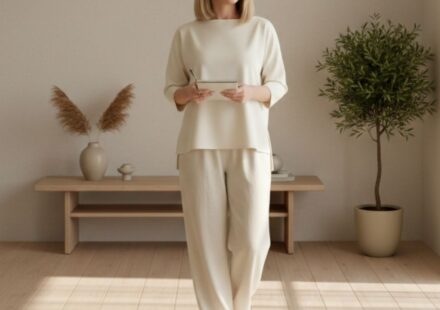 Modern woman wearing simple outfit in a minimalist wardrobe representing mental clarity