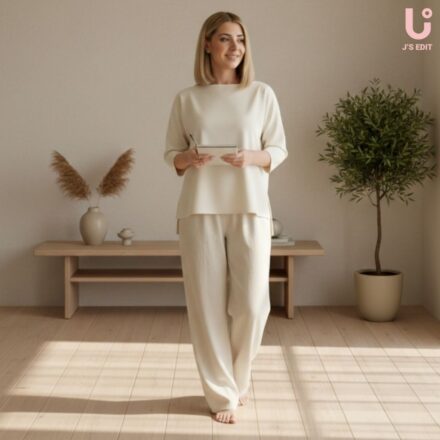 Modern woman wearing simple outfit in a minimalist wardrobe representing mental clarity