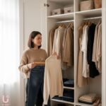 Modern mom choosing outfit from a minimal wardrobe