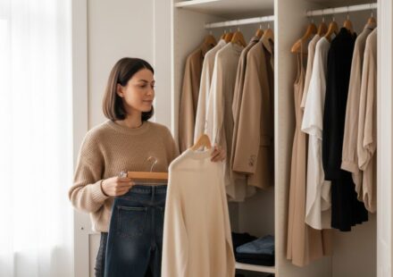 Modern mom choosing outfit from a minimal wardrobe