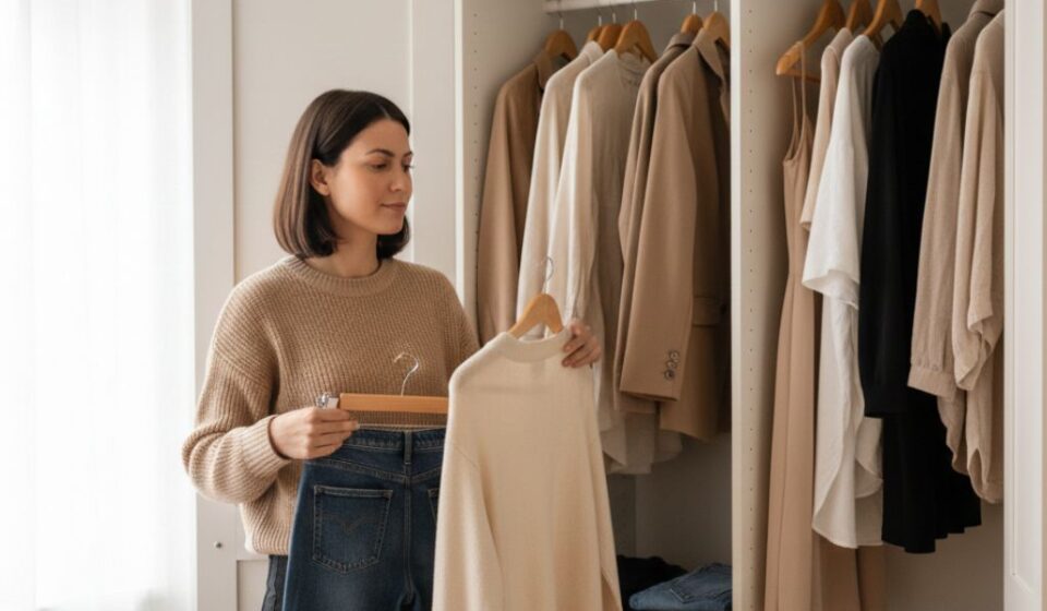 Modern mom choosing outfit from a minimal wardrobe