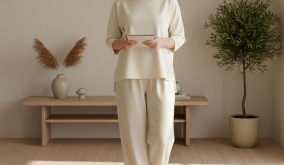 Modern woman wearing simple outfit in a minimalist wardrobe representing mental clarity