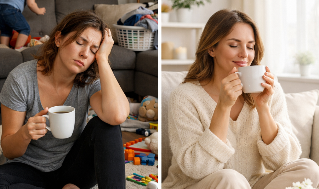 Exhausted American mother in messy room vs calm Danish mother enjoying coffee in clean peaceful home