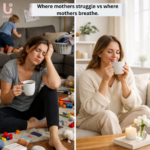 Exhausted American mother in messy room vs calm Danish mother enjoying coffee in clean peaceful home