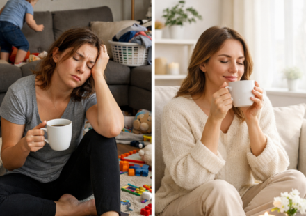 Exhausted American mother in messy room vs calm Danish mother enjoying coffee in clean peaceful home
